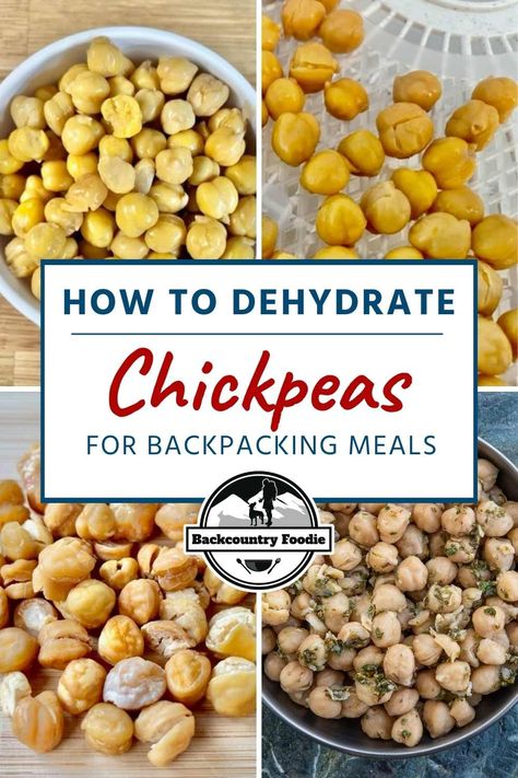 Learn how to safely dehydrate or freeze-dry chickpeas for backpacking meals. Then put your new skill to use with our tasty Brownie Batter Hummus Recipe! #howtodehydratechickpeas #howtofreezedrychickpeas #dehydrated chickpeas #backpackingmealideas #howtodehydratefood #backcountryfoodie Dehydrating Chickpeas, Dehydrator Chickpeas, Dehydrated Snacks Healthy, Vegan Dehydrator Recipes, Dehydrated Chickpeas, Dehydrated Rice, Dehydrated Veggies, Survival Meals, Brownie Batter Hummus