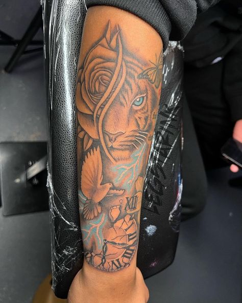 Animal Tattoos Forearm, Lion Tattoo For Black Women, Lower Arm Sleeve Tattoo Black Women, Sleeve Tattoos For Women Animals, Hairstylist Tattoos Black Women, Female Arm Tattoos Ideas Half Sleeves Unique, Taurus Forearm Tattoo, Arm Sleeve Tattoos For Women Black, Leo Arm Tattoos For Women