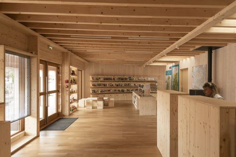 Gallery of Plainfaing Tourist Office (88) / Studiolada - 3 Visitor Center Interior, Indoor Trellis, Larch Cladding, Tourist Office, Stone Architecture, Different Types Of Wood, Paving Stones, Timber Framing, Rural Area