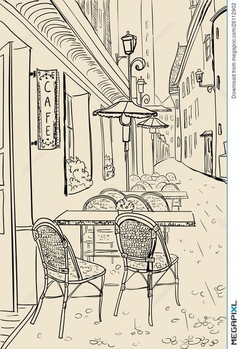 Street cafe sketch illustration. Town Sketch, Cafe Sketch, Drawing Buildings, Town Drawing, Paris Drawing, Street Cafe, City Sketch, Pen Art Drawings, City Drawing