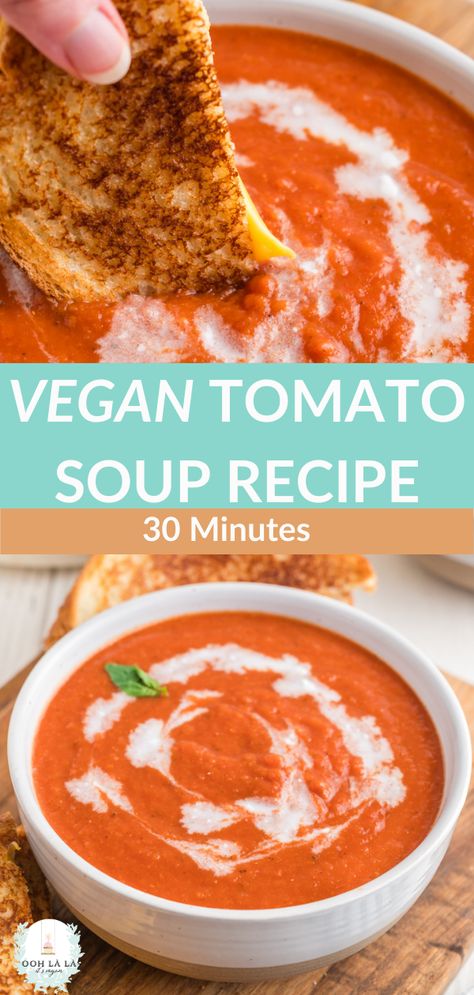 This is a vegan tomato soup recipe that's healthy, delicious and so easy to make. Pair with a vegan grilled cheese sandwich and you have an awesome vegan lunch or vegan dinner recipe. This vegan soup recipe is thick and creamy and made with canned tomatoes. Takes only 30 minutes to make with few ingredients. Your family and friends will love, love, love it! Vegan Tomato Bisque, Vegan Soup Recipes Healthy, Vegan Tomato Soup Recipe, Tomato Soup Vegan, Vegan Grilled Cheese, Homemade Tomato Soup Recipe, Vegan Tomato Soup, Tomato Soup Recipe, Vegan Grilling