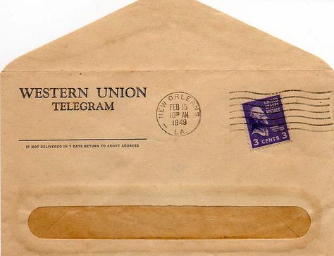 1949 telegram envelope old 3 cent stamp by shaleen the queen, via Flickr Old Envelope, Writing Projects, Going Postal, Old Letters, Vintage Papers, Writing Project, Barbie Furniture, Junk Journaling, Paper Template