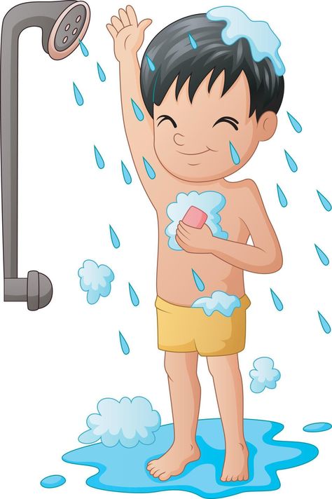 Good Habits For Kids, School Wall Art Ideas, Bath With Shower, Hygiene Activities, Shower Images, School Wall Art, Preschool Activities Toddler, Flashcards For Kids, Kids Vector