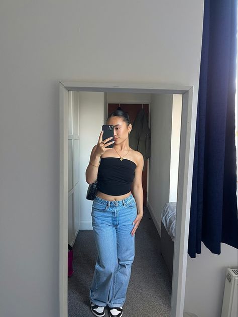 black bandeau/ wide leg jeans Casual Blue Bandeau Denim Top, Big Jeans Outfit, Blue Casual Bandeau Denim Top, Black Corset Back Bandeau Tube Top, Black Bandeau Tube Top, Bra Friendly, Black Bra-friendly Bandeau Tube Top, Black Bandeau Top, Big Jeans, Black Bandeau