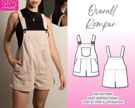 Nonbinary Sewing Pattern, Cute Clothes Sewing Patterns, Summer Clothing Patterns, Romper Sewing Pattern Women's, Easy Beginner Sewing Projects Clothes, Overall Shorts Pattern, Cottagecore Sewing Pattern, Sewing Overalls, Women Romper Pattern