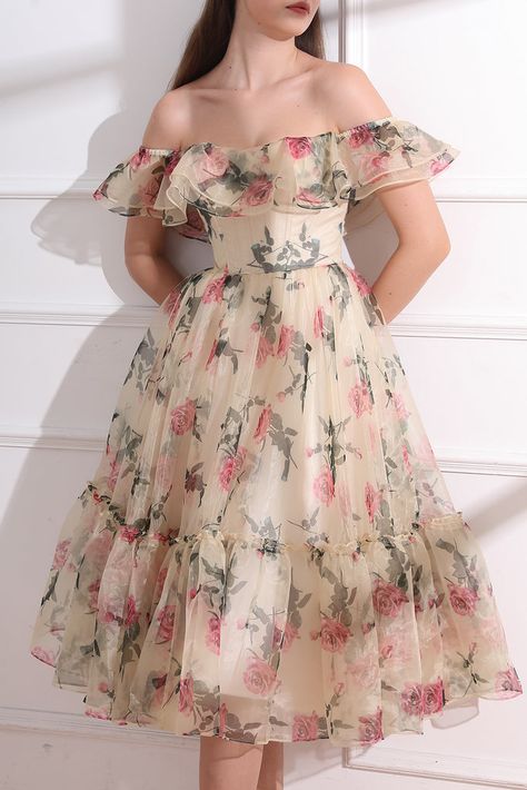 Corset Off the Shoulder Floral Print Organza Tiered Dress Organza Dresses, Chinese Fancy Dress, Off Shoulder Floral Dress, Simple Frock Design, Floral Dress Outfits, Floral Clothing, Simple Frocks, Cute Floral Dresses, Stylish Short Dresses