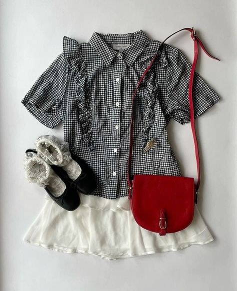 use my code BAOLT11 on your yesstyle order for $$$ off your purchase <33 50s Aesthetic Fashion, Gingham Outfit Ideas, Gingham Shirt Outfit, Red Shirt Outfits, Gingham Outfit, Ballet Flats Outfit, Flats Outfit, Mood Board Fashion, Really Cute Outfits