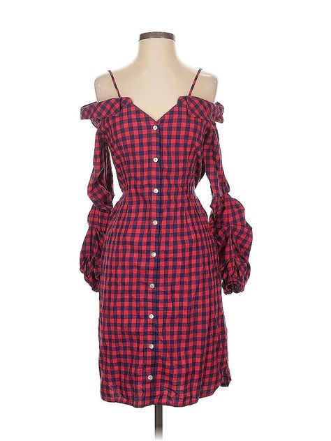 Guest Editor Casual Dress Size: Small Red Dresses - used. 100% COTTON, Cold Shoulder, Checkered/Gingham, Short, Long Sleeve | Guest Editor Casual Dress: Red Checkered/Gingham Dresses - Used - Size Small Red Checkered, Gingham Dress, Casual Dresses For Women, Gingham, Red Dress, Casual Dress, Casual Dresses, Womens Dresses, Long Sleeve