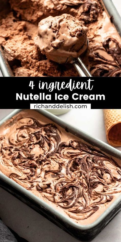 This no churn Nutella ice cream is creamy, rich, and chocolaty, comes together in one bowl, and is made with only 4 ingredients. Nutella Ice Cream Recipe, Nutella Ice Cream, Custard Ice Cream, Nutella Buttercream, Recipes For Summer, Ice Cream Scooper, Delicious Ice Cream, Dessert For Two, Easy Ice Cream