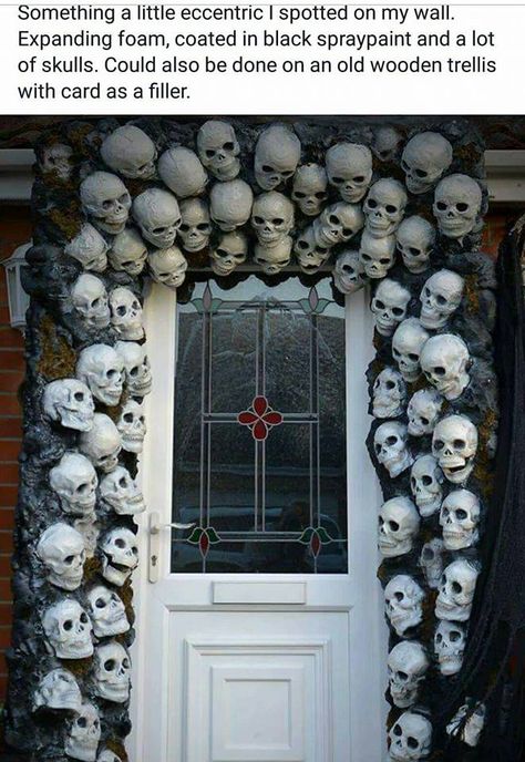 Skull Door Greeter/ Crypt Front Door Holoween Idea Decorations, Halloween Warehouse Decorations, Creepy Door Decorations, Halloween Decor Creepy, Halloween Decorations Gothic, Small Skeleton Decorating Ideas, Jeepers Creepers Halloween Decorations, Halloween Door Decorations Scary, Scary Door Decorations Halloween