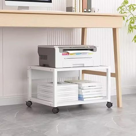 Amazon.com: Topjia 2 Tiers Rolling Under Desk Printer Stand,Office Movable Printer Desk with 4 Wheels & Lock Mechanism,Heavy Duty Storage Rack for Office and Home(Internal Height 25cm(9.8in), White) : Office Products Ikea Printer Stand, Printer Organization Ideas, Under Table Storage Ideas, Printer On Desk, Desk With Printer Storage, Printer Stand Ideas, Under Desk Printer Stand, Ikea Trolley, Printer Desk