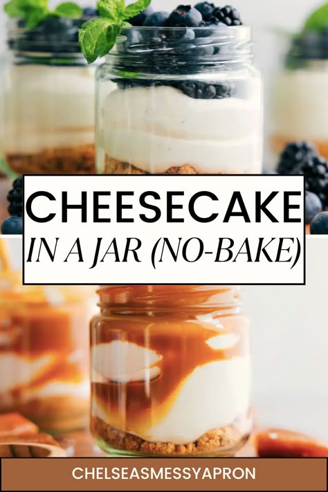 Cheesecake In A Jar is a fun, no-bake dessert that is delicious and easy to customize! Serve with your favorite toppings like fresh berries, berry sauce, chocolate sauce, or caramel. #dessesrt #best #quick #easy #simple #nobake #cheesecake #cheesecakeinajar Mason Jar Creme Brulee, Mini Cheesecakes In A Jar, Mini Cheesecake Jars, Jar Cheesecake Recipes, Easy Mason Jar Desserts, Small Jar Desserts, No Bake Desserts In A Jar, Canning Cheesecake In A Jar, Cake Jar Flavors