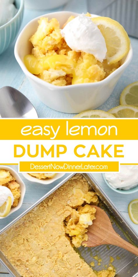 Lemon Dump Cake is an easy dessert recipe that is a lot like cobbler. Made with only 4 ingredients! Tart lemon pie filling and cream cheese are hidden between layers of buttery yellow cake. Simple and delicious! Lemon Dump Cake, Lemon Dump Cake Recipe, Lemon Recipes Easy, Lemon Cake Mix Recipe, Easy Dump Cake Recipe, Pie Fillings, Blueberry Dump Cakes, Dump Cake Recipe, Lemon Pie Filling