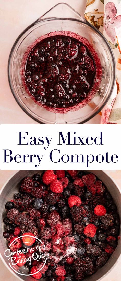 Three ingredients are all you need to make this delicious, versatile mixed berry compote. Grab some frozen berries, a bit of sugar, and fresh lemon juice and you will have the most delicious sauce perfect on top of cake, pancakes, cheesecake, trifle, and more! Berry Compote For Cheesecake, Frozen Berry Compote Recipe, Berry Topping For Pancakes, Triple Berry Compote, Mixed Berry Topping For Cheesecake, Fruit Compote For Cheesecake, Cheesecake Fruit Topping, Mixed Berry Sauce For Cheesecake, Fresh Fruit Topping For Cheesecake