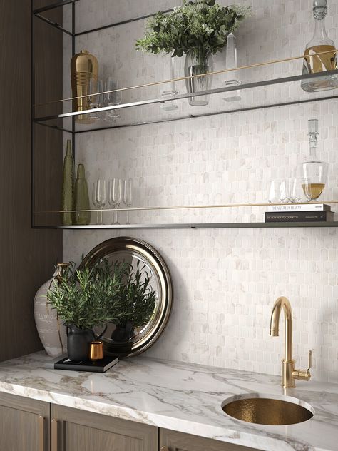 CALACATA PORCELAIN WHITE HIVE MOSAIC - Walker Zanger Workshop Apd, Glass Shelving, Walker Zanger, Hexagonal Mosaic, Bar Sink, Italian Tiles, Commercial Flooring, Interior Floor, Porcelain Mosaic