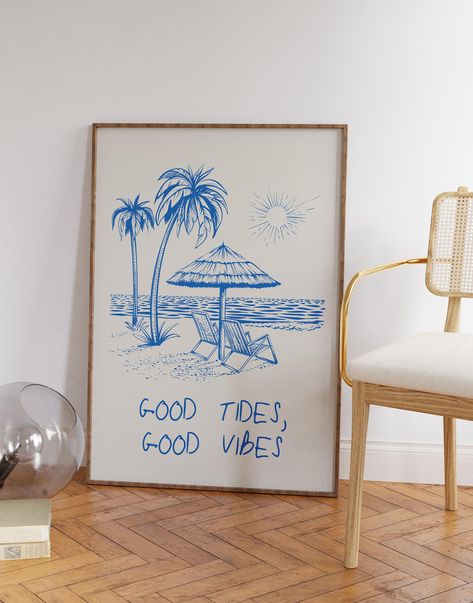 Trendy Retro Beach Print Vintage Beach Poster Trendy Coastal Art Print Blue Beach Wall Art Minimalist Print Beachy Home Decor Printable Art Vintage Beach Posters, Wall Print Design, Beachy Home Decor, Beachy Home, Fun Art Print, Funny Quote Prints, Scandinavian Wall Decor, Creative Wall Decor, Poster Funny