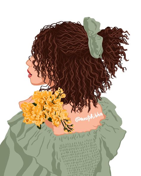 Curly hair girl with yellow flowers illustration Curly Girl Illustration, Curly Illustration, Curly Hair Illustration, Curly Hair Art, Curly Hair Cartoon, Curly Hair Girl, Hair Poster, Curly Hair Drawing, Hair Illustration