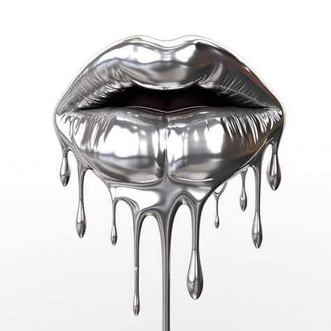 Y2k Silver Aesthetic, Liquid Metal Aesthetic, Chrome Lips, Lips White Background, Chrome Painting, Chrome Aesthetic, Silver Lips, Y2k Designs, Lips White