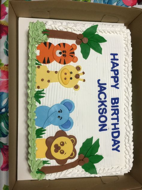 Animals cake! Jungle Birthday Cake Simple, Simple Jungle Cake, Animal Sheet Cake, Safari Sheet Cake, Simple Jungle Theme Cake, Decorate Box, Zoo Animal Cakes, 2nd Birthday Cake Boy, Jungle Birthday Cakes