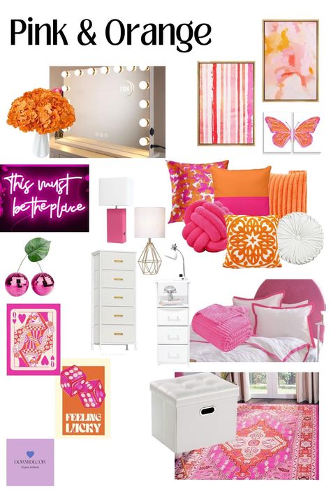 Hot Pink And Orange Bedroom, Dorm Room Ideas Orange, Sorority Room Decor, Orange Dorm Room Ideas, Hot Pink Dorm Room, Room Ideas Orange, Light Pink Dorm Room, College Dorm Pink, Pink And Orange Dorm Room