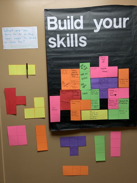 Work Board Ideas Offices, Office Board Ideas Workspaces, Club Bulletin Board Ideas College, Tetris Classroom Theme, Resume Bulletin Board, Information Bulletin Board Ideas Office, Paper Messages Ideas, Tetris Bulletin Board, Interactive Ra Boards