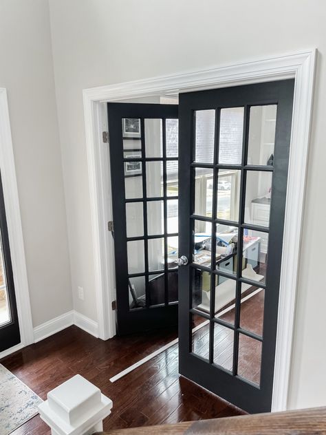 office door Glass Doors To Office, French Doors For Home Office, Office Doors Design, Study Doors Home Office, Black French Office Doors, Double Doors Office, Black Glass Office Doors, Home Office Doors Ideas, Black French Doors Interior Office