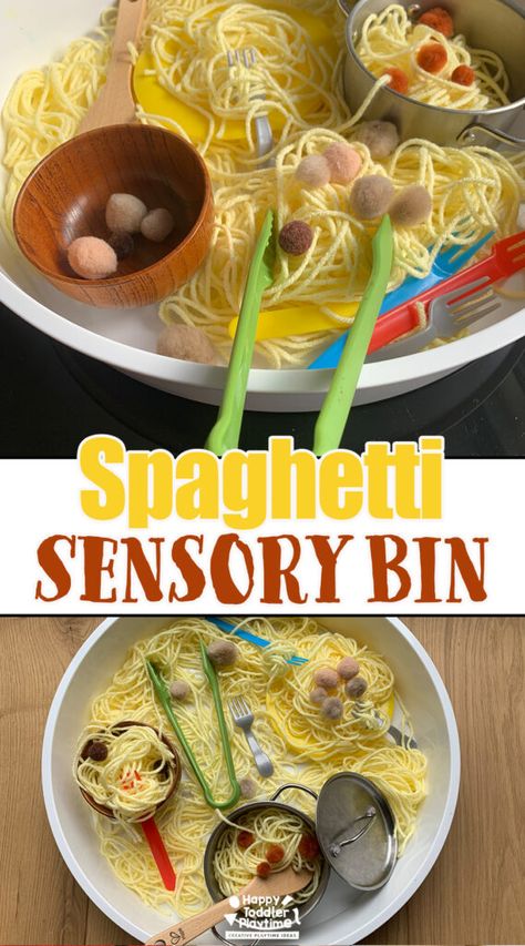 Spaghetti Sensory Bin for Toddlers and Preschoolers - Happy Toddler Playtime Italy Sensory Bin, Preschool Tabletop Activities, Bean Sensory Bin Ideas, Monthly Sensory Bins, Community Helpers Sensory Activities, Pizza Sensory Play, Play Doh Sensory Bin, Colour Sensory Activities, Food Theme Sensory Bin