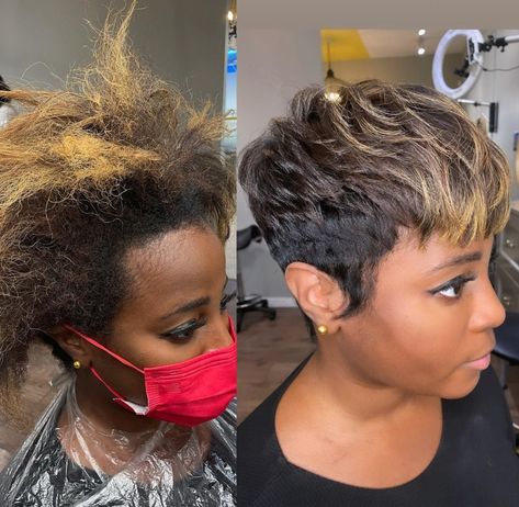 Black Pixie with Highlights Before and After Layered Undercut, Pixie With Highlights, Girls Pixie Cut, Pixie Cut With Highlights, Short Hairstyles For Black Women, Black Pixie, Short Haircuts For Black Women, Short Relaxed Hairstyles, Short Hair Designs