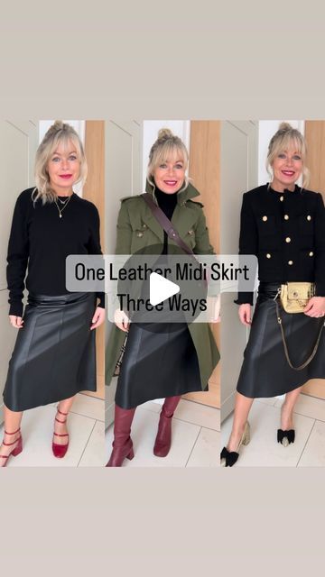 Fran Bacon on Instagram: "Leather midi skirt 3 ways 🖤🖤🖤🖤🖤 Outfit 1: Jumper @jumper_1_2_3_4 Skirt @cefinnstudio *gift Shoes @zara old season Bag @chanelofficial bought preloved from @vestiaireco Outfit 2: Jumper @zara Skirt @cefinnstudio Trench @burberry Boots @me_andem Bag @loewe bought preloved from @fellowsauctions Outfit 3: Jacket @mango Skirt @cefinnstudio Shoes @nickihoynecollection Bag @hillandfriends #styletips #styleinspiration #over40style" Midi Leather Skirt Outfit, Leather Midi Skirt Outfit, Midi Leather Skirt, Mango Skirts, Burberry Boots, Leather Skirt Outfit, Skirt Jumper, Midi Skirt Pattern, Zara Skirt