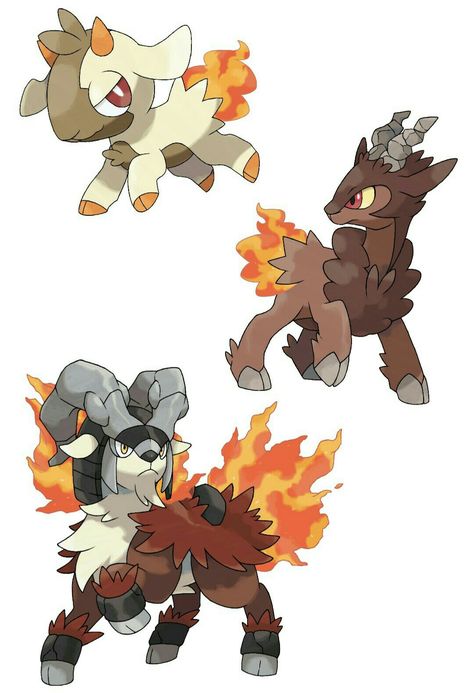 Fakemon: Kidling (Fire), Pyroat (Fire/Rock) and Flairees (Fire/Rock). Fire Fakemon Starter, Fake Pokemon Ideas, Pokemon Fakemon Ideas, Fakemon Starters Fire, Fire Type Fakemon, Fire Fakemon, Fakemon Starter, Fire Creature, Pokemon Fanmade