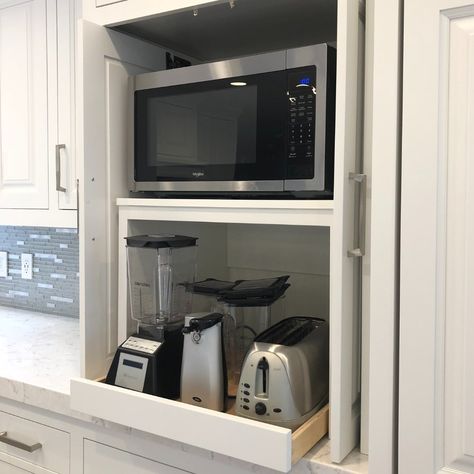 Countertop Microwave Styling, Kitchen Hidden Microwave, Microwave In Cabinet Hidden, Kitchens With Hidden Appliances, Kitchen Cabinet With Microwave Shelf, Diy Wall Oven Microwave Cabinet, Airfryer Cabinet, Microwave Hidden In Cabinet, Microwave Inside Cabinet