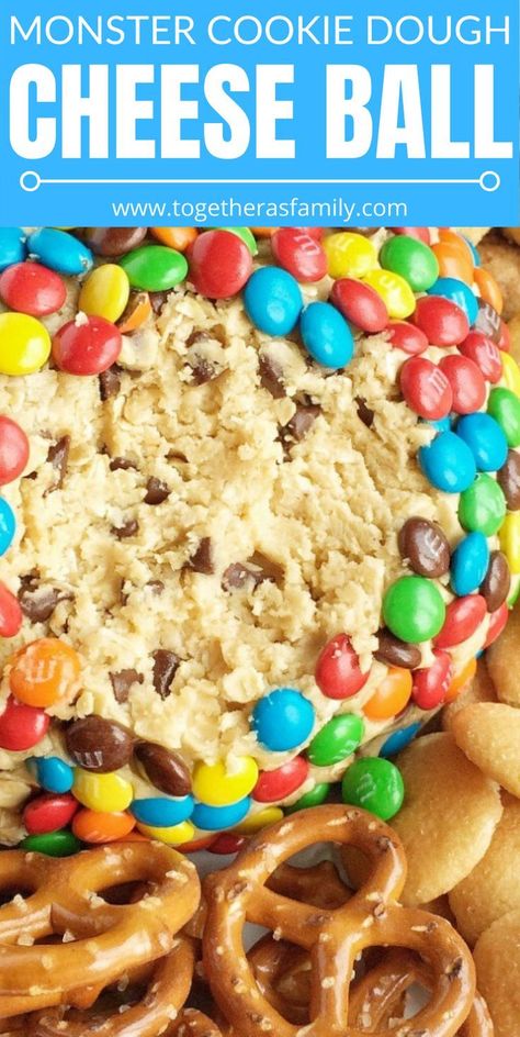 Cookie Dough Cheese Ball, Sweet Dip Recipes, Cheeseball Dip, Monster Cookie Dough Dip, Sweet Dips Recipes, Cheese Ball Dip, Dessert Cheese Ball, Monster Cookie Dough, Cheese Ball Recipes Easy