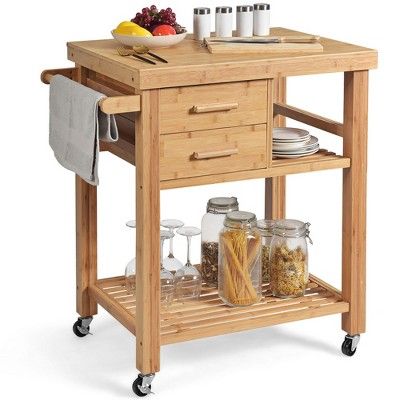 Kitchen Trolley Cart, Kitchen Island Trolley, Butcher Block Table, Rolling Kitchen Cart, Bamboo Kitchen, Sliding Drawers, Island Cart, Rolling Kitchen Island, Kitchen Island Cart