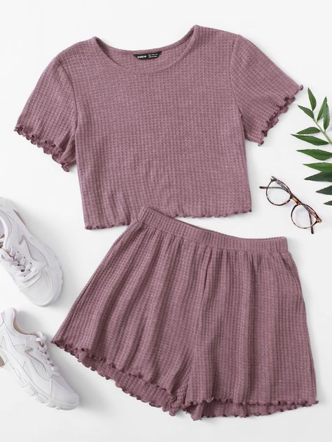 Lettuce Trim Waffle Knit Tee & Shorts Set | SHEIN USA Mode Kimono, Pajama Fashion, Sleepwear Fashion, Cute Sleepwear, Cute Lazy Outfits, Swag Outfits For Girls, Lazy Day Outfits, Easy Trendy Outfits, Co Ords