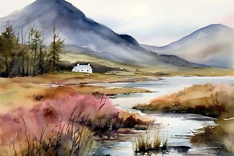 Scottish Borders Painting Scotland Art Print Landscape Heather Field Watercolor Scottish Highlands Wall Art Farmhouse Wall Decor - Etsy Scottish Cottage, Field Watercolor, Scottish Cottages, Scotland Art, Lake Artwork, Sky Watercolor, Scotland Landscape, Cottage Painting, Wall Art Farmhouse