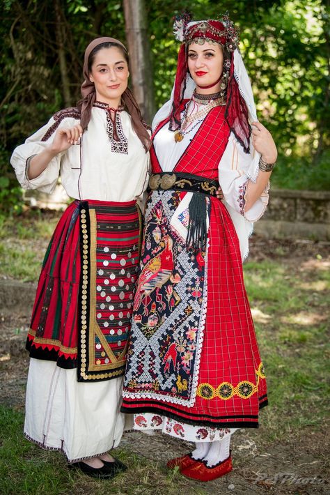 Traditional Bulgarian clothing from Pleven (left) and Varna (right). Credit: Petko Stanchev Bulgaria Traditional Clothes, Bulgarian Folk Costume, Traditional Bulgarian Clothing, Balkan Traditional Clothes, Bulgaria Outfit, Bulgarian Traditional Clothing, Bulgarian Women, Bulgarian Folklore, Blue Dresses For Women