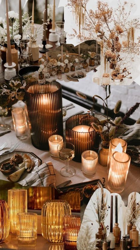 Check out HollyOryshia's Shuffles Eclectic amber glass table centre aesthetic with dried florals ans baby’s breath wedding reception inspo; muted natural colours and greens Eclectic Candle Centerpiece, Amber Vase Wedding Decor, Amber Glass Table Decor, Boho Candle Centerpieces Wedding, Vases And Candles Centerpieces, Dried Floral Tablescape, Gold And Amber Wedding Table, Amber Wedding Table Decor, Autumnal Wedding Table Decor