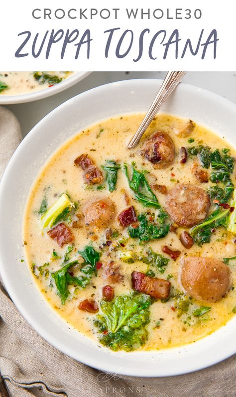 This Crockpot zuppa toscana is a rich and creamy, filling soup that's absolutely bursting with flavor. It's dairy free, Whole30, and paleo, too, with bacon, sausage, potatoes, kale, and rich coconut cream. The slow cooker version of my popular Healthy Zuppa Toscana recipe! #soup #whole30 #crockpot #slowcooker #healthysoup Healthy Zuppa Toscana, Crockpot Zuppa Toscana, Paleo Pantry, Soup Crockpot, Clean Eating Vegetarian Recipes, Clean Eating Vegetarian, Toscana Soup, Recipe Soup, Paleo Soup