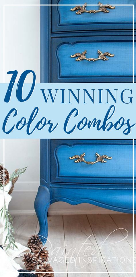 10 WINNING Color Combos | Match Made in Heaven Combos | Salvaged Inspirations  #paintedfurniture #siblog #salvagedinspirations #newblogpost #colorcombos #colorblending #layeringcolor #mixingcolors #matchingcolors #furnituremakeovers #winningcolors #featuredfurniture #featuredartists Turquoise Painted Furniture Bedroom, Diy Furniture Color Ideas, Furniture Painting Ideas Colors, Best Wood Stain Color Furniture, Two Color Dresser Makeover, Custom Painted Furniture Ideas, Dixie Belle Blue Painted Furniture, Blue Wood Stain Furniture, Chalk Paint Ideas For Furniture