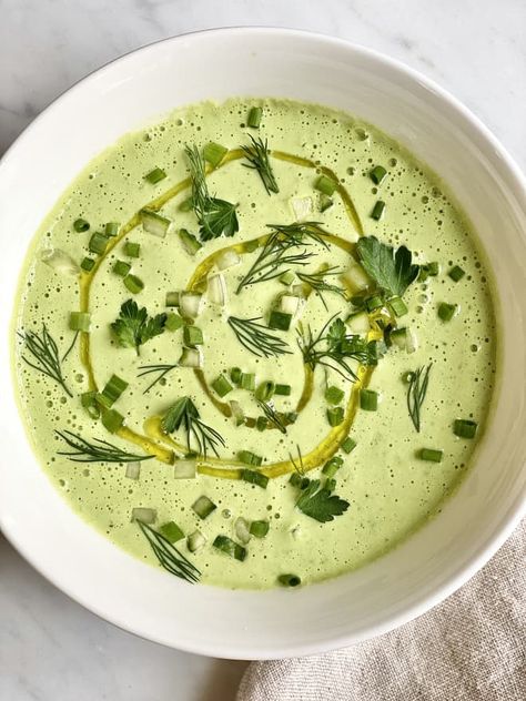 Light, bright, and positively refreshing this soup is perfect for summer. READ MORE... Roasted Shishito Peppers, Cucumber Soup, Herb Soup, Ideal Protein Recipes, Cold Soup, Ideal Protein, Refreshing Food, Yogurt Recipes, Persian Style