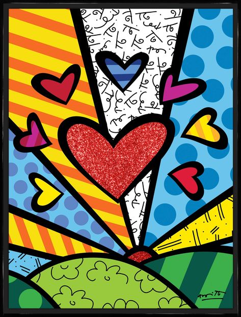 30in x 22.50in (76.2cm x 57.15cm) IT'S A BEAUTIFUL DAY (NEW DAY)- Edition Size: 100- Artwork Dimensions: 30in x 22.50in | 76.2cm x 57.15cm- Limited Edition print on canvas with BRITTO®️ Diamond Dust - Hand signed by the artist and includes an exclusive hologram and Certificate of Authenticity from BRITTO®️ Studios*Inquire for Artist Proofs and Hors de Commerce "It's a Beautiful Day" is a limited-edition print on canvas with diamond dust embellishments. Inspired by Romero Britto's iconic painting Brito Art, Britto Art Ideas, Color Pop Art, The Hotel Britomart, Romero Britto Heart Art Lesson, Romero Britto Elementary Art, Roy Lichtenstein Pop Art, Romero Britto Art, Britto Art