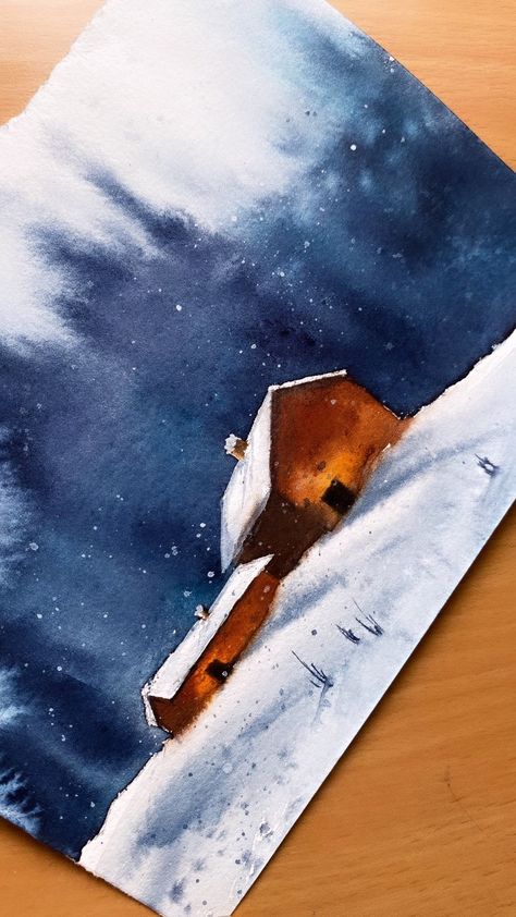 Easy Winter Watercolor, Watercolor Winter Scenes, Winter Watercolor Paintings, Cozy Watercolor, Learn Watercolor Painting, Watercolor Art Landscape, Watercolor Winter, Winter Watercolor, Diy Watercolor Painting