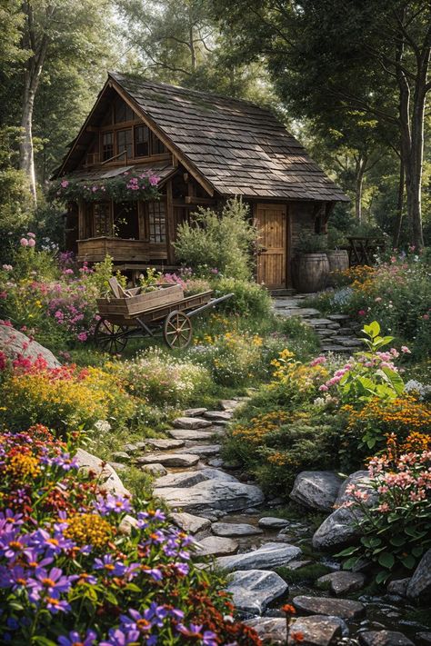 Landscaping In Woods, Cabin Garden Ideas, Cabin Landscaping Ideas, Rustic Backyard Landscaping, Vermont Gardening, Cozy Garden Ideas, Rustic Cottage Garden, Rustic Courtyard, Winter Mansion