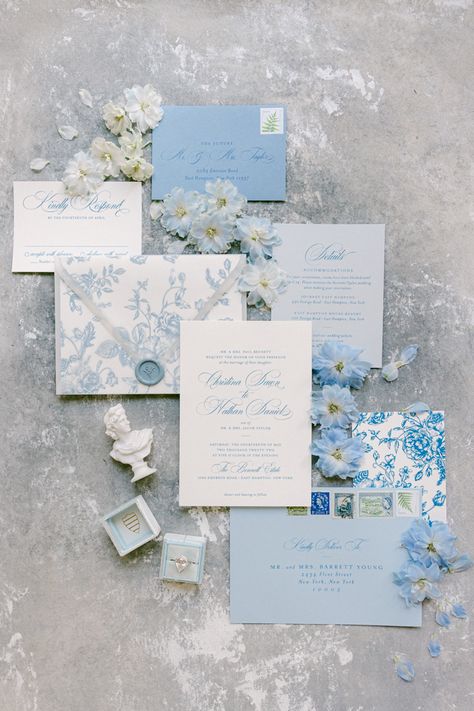 Blue and white stationery, wedding hydrangeas, and more from this coastal wedding editorial Midsummer Ball, Wedding Ideas Blue, Coastal Wedding Ideas, Blue Hydrangea Wedding, Stationary Ideas, Sunset Beach Weddings, Blue White Weddings, Hamptons Wedding, Blue Invitation