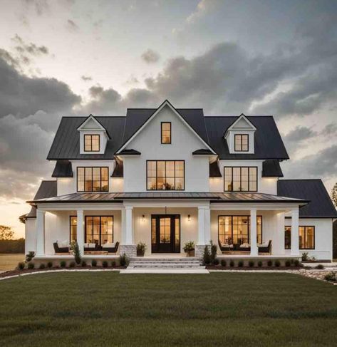 Farmhouse With Turret, Minnesota House Exterior, Country House Ideas Interior, White House Black Trim Wrap Around Porch, Craftsmen Style Home, Large Family Home Exterior, Cute Houses Aesthetic, Houses Modern Farmhouse, Family Home Layout