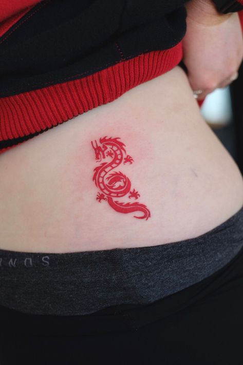 Vertical Dragon Tattoo, Small Japanese Dragon Tattoo, Small Chinese Dragon Tattoo, Charm Tattoo, Mini Tats, Red Dragon Tattoo, Tattoo Mini, Waist Tattoos, Chinese Dragon Tattoos