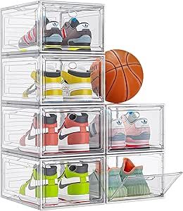 Thicken & Sturdy Clear Shoe Storage Organizer with Magnetic Door, Stackable Boxes for Closet, Foldable Space-Saving Shoe Rack for Sneaker Boot Container, Plastic Shoe Cabinet Shoe Box 6 Pack, White Shoe Storage Bins, Shoe Display Case, Shoe Box Organizer, Space Saving Shoe Rack, Shoe Containers, Boot Organization, Sneaker Storage, Plastic Shoe Boxes, Stackable Shoe Rack