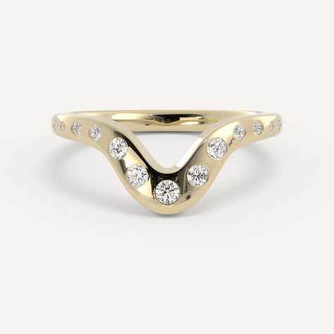 Gretta features a flush diamond accented band with a daring deep contour. Cloud Ring, Wedding Day Jewelry, Custom Wedding Band, Jewelry Education, Trending Engagement Rings, Ring Trends, Engagement Rings Bridal Sets, Curved Wedding Band, Gemstone Engagement