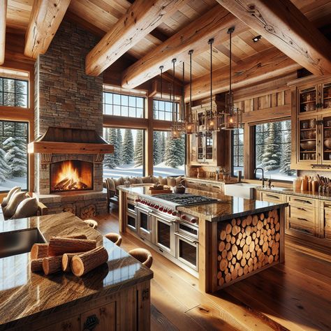 Discover a cozy ski cabin kitchen with a stone fireplace, pine plank flooring, and handmade cabinets. Stainless appliances and granite countertops meet rustic charm. Witness breathtaking snow views through the row of windows. #CozyCabin #RusticKitchen #ModernMountainCabin #FireplaceKitchen #GraniteCountertops #HandmadeCabinets Mountain House Interior Kitchen, Mountain House Kitchen Ideas, Ski Cabin Kitchen, Winter Cabin Kitchen, Ski Chalet Kitchen, Fireplace In Kitchen, Mountain Home Kitchen, Mountain House Interior, Rustic Modern Decor