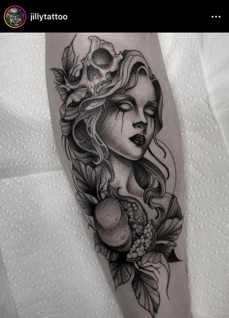 Persephone Portrait Tattoo, Greek Mythology Female Tattoos, Small Hades Tattoo, Persephone Statue Tattoo, Medusa And Persephone Tattoo, Persephone And Cerberus Tattoo, Greek Goddess Tattoo Persephone, Persephone Art Goddesses, Greek Goddess Tattoo Aphrodite